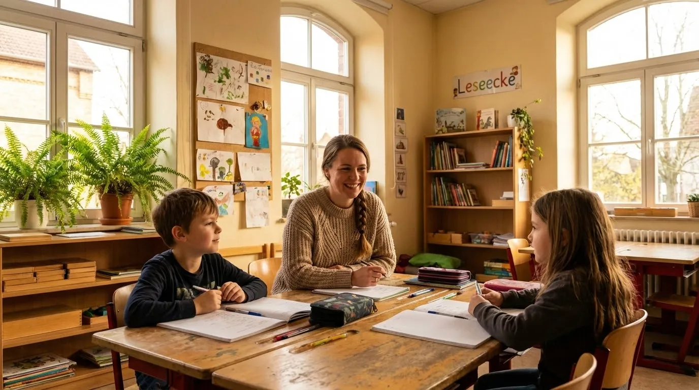 Pädagogin begleitet zwei Kinder bei den Hausaufgaben
