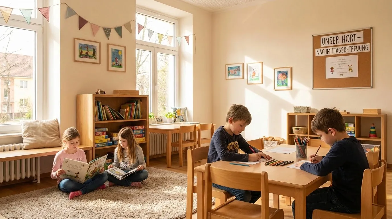 Kinder beim gemeinsamen Lernen und Lesen im Nachmittagsraum