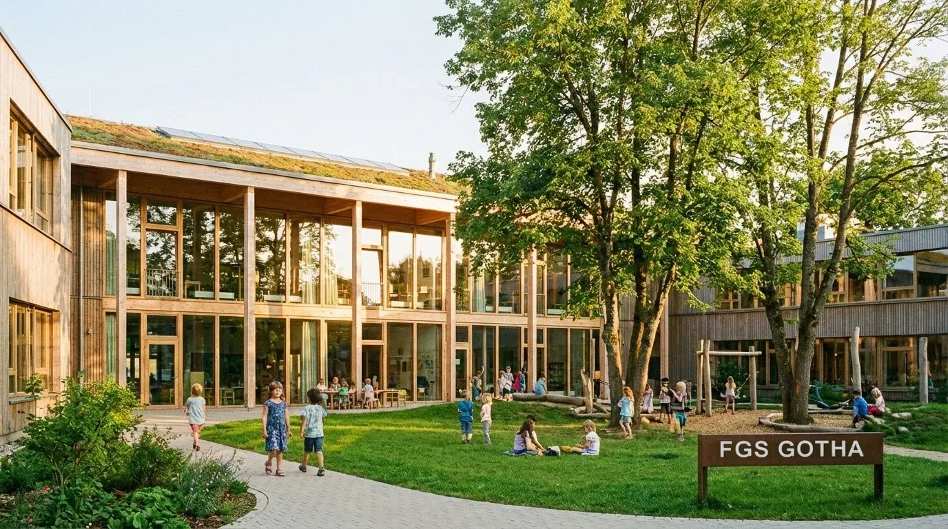 Helle moderne Schule mit grünem Schulhof