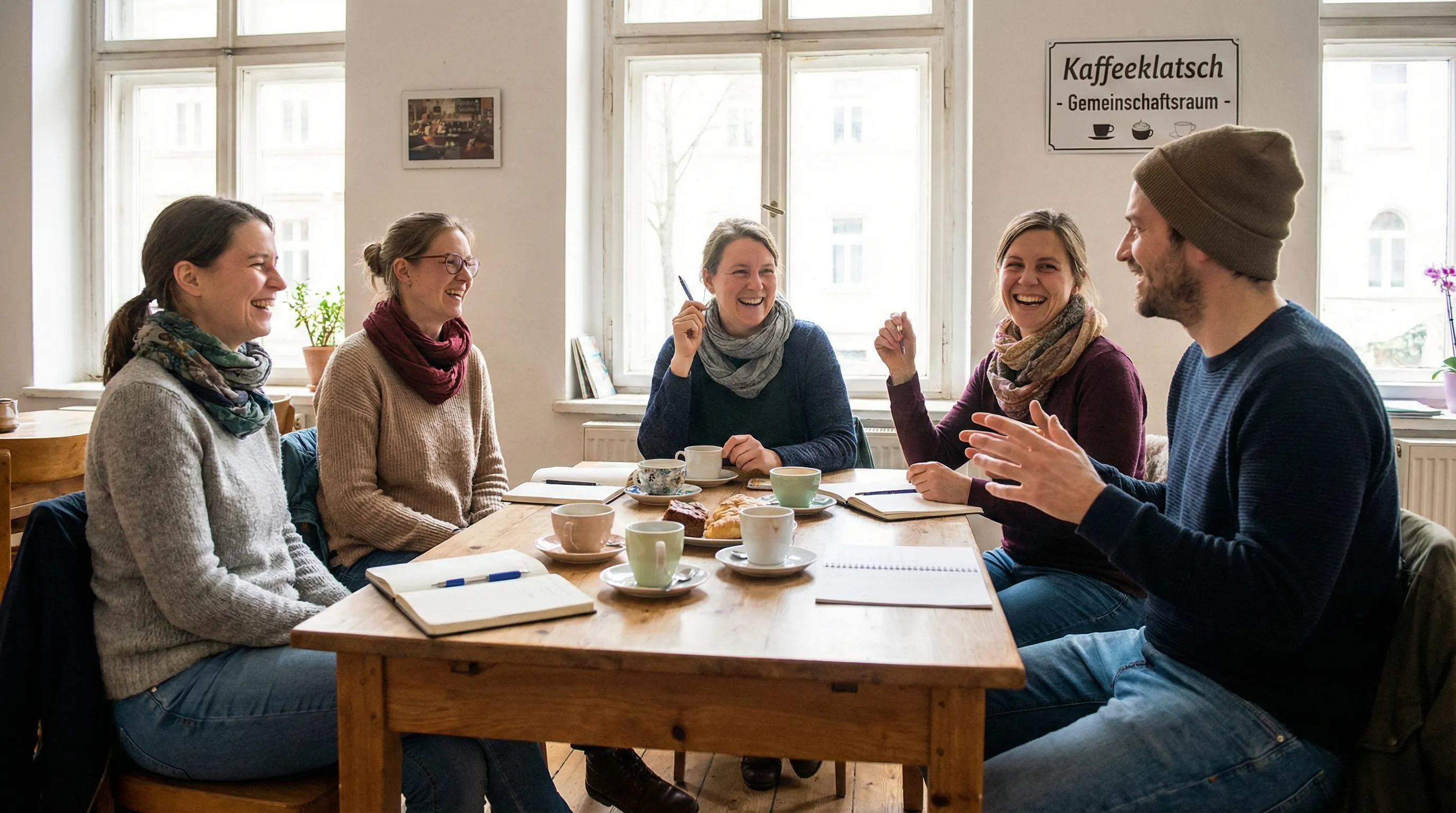 Das Team der Schule für Weltbeziehung bei einer gemeinsamen Besprechung