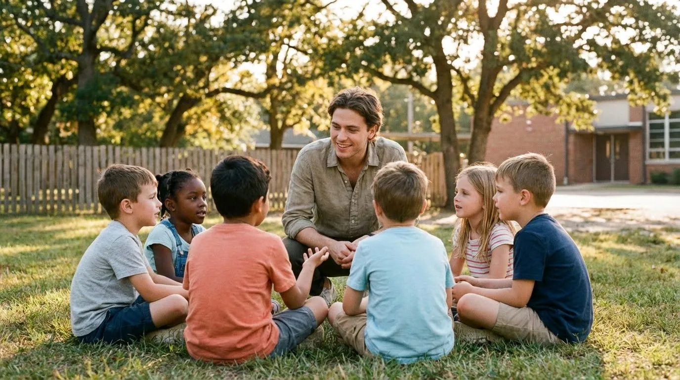 Lehrerin und Kinder im Gespräch auf einer Wiese